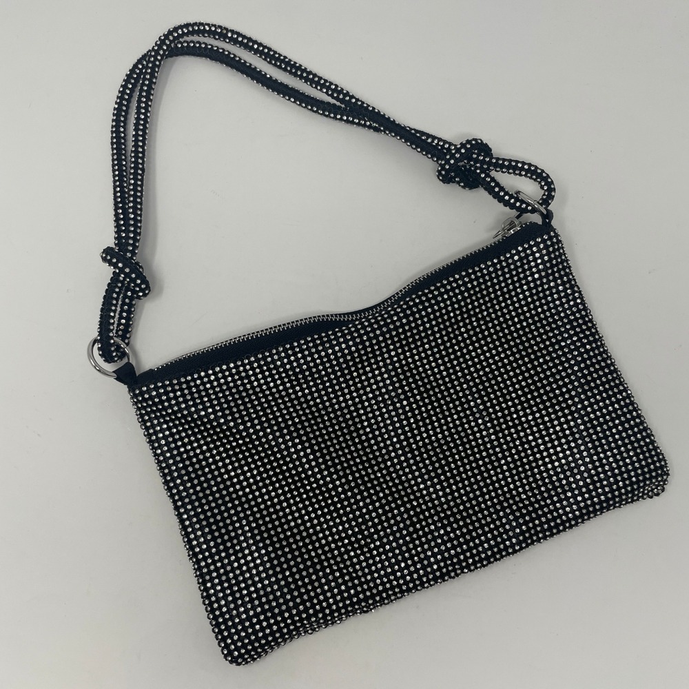 Jessica McClintock Black Rhinestone Sparkly Evening Shoulder Bag Knot Strap HoCo
